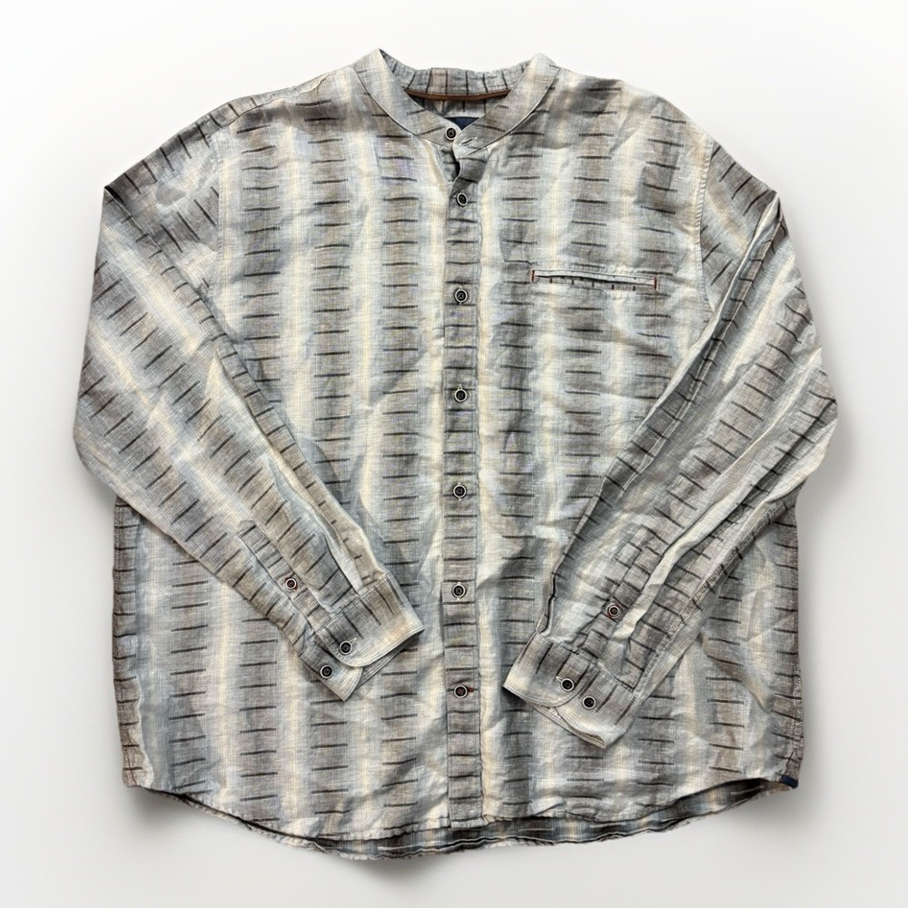 32 Bar Blues Men's Shirt XXL Striped Linen Blend Band Neck Long Sleeve Button Up